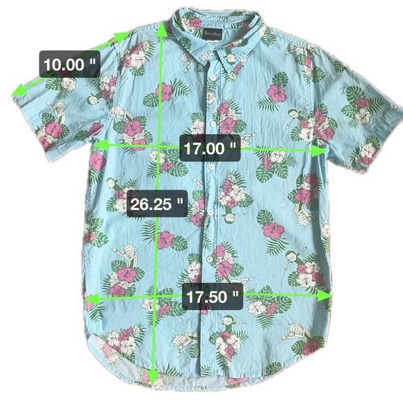 Rick & Morty Mens SeaFoam Blue Hawaiian Button-Down Shirt Short Sleeve SZ M - Picture 14 of 14
